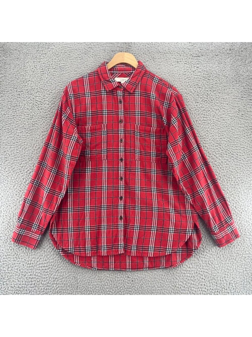 LOFT Shirt Womens Medium Red Plaid Flannel Button Up Long Sleeve Collared Casual - Picture 1 of 10